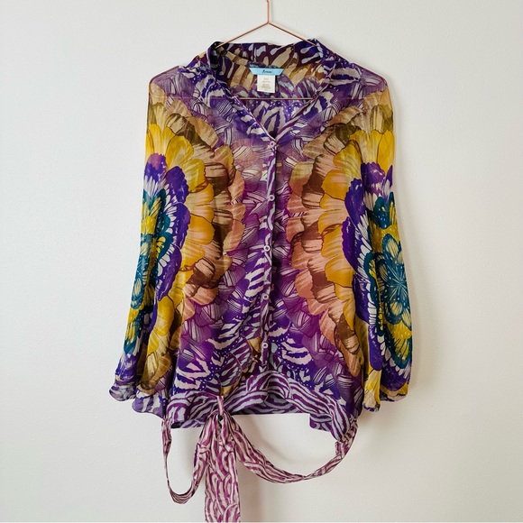 Marciano 100% silk long sleeve blouse abstract print boho top wrap tie waist - Picture 5 of 7
